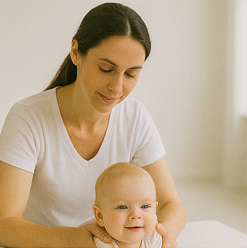 Parent gently massaging baby’s legs during therapy session