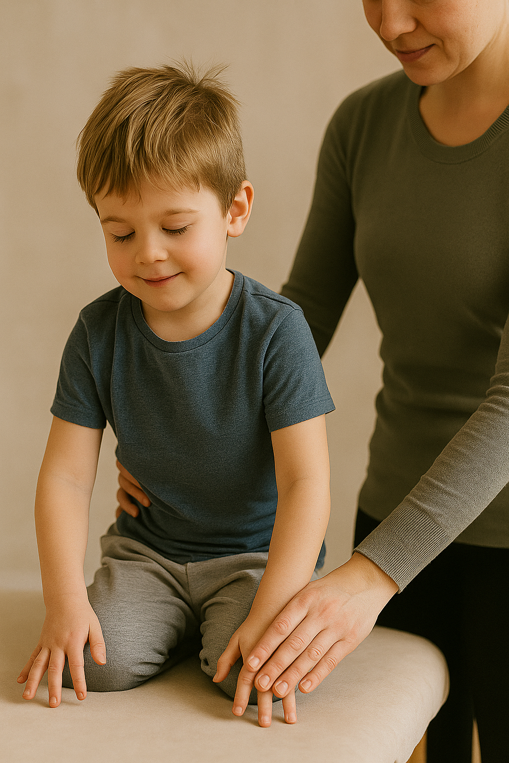 Child balancing on therapy beam with therapist support