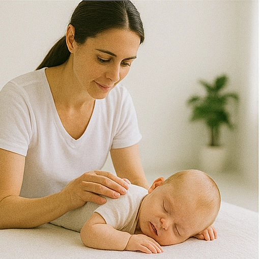 Parent learning infant massage techniques with a therapist